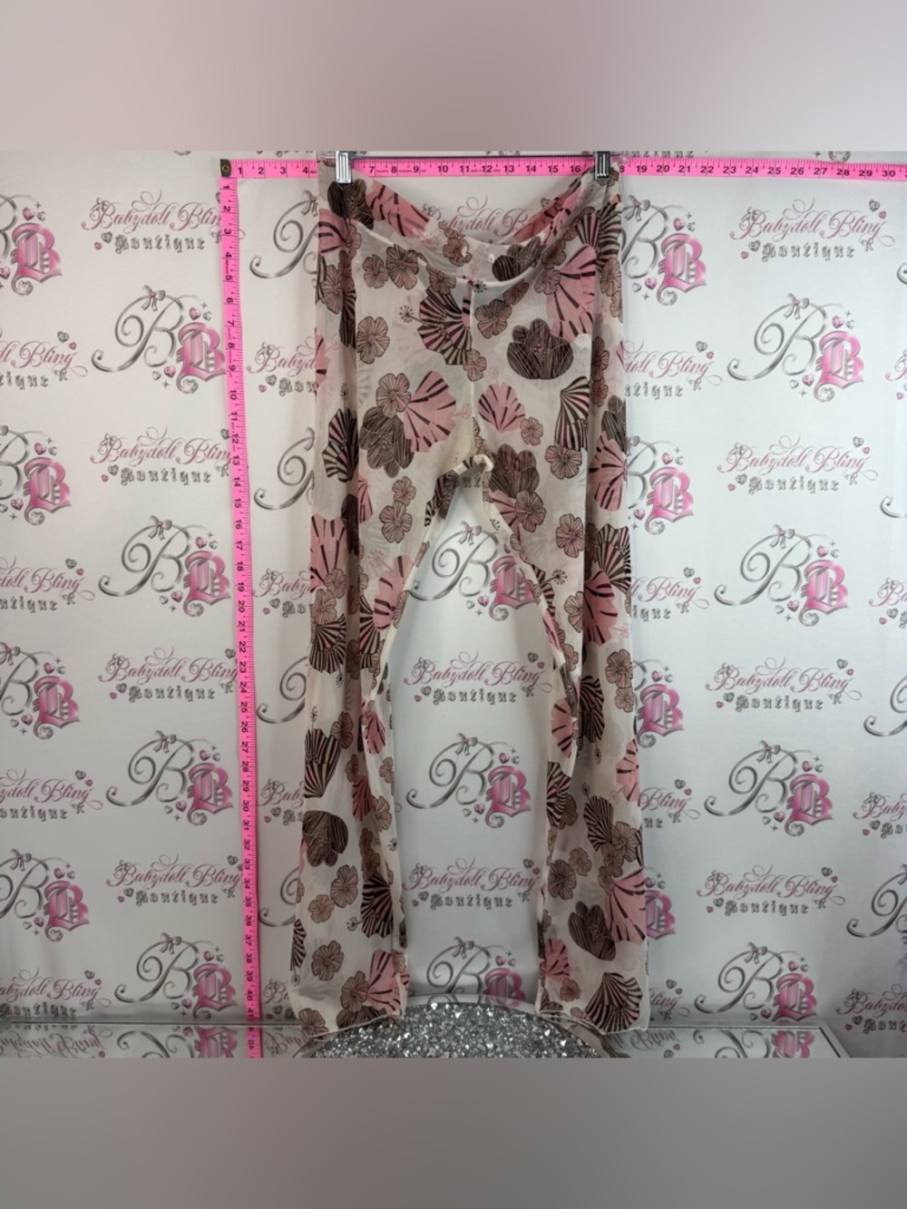 Massimo pants stretchy pink Sheer Floral Wide Leg Pants - Pink, Brown and White